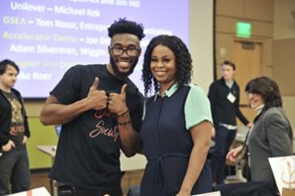 Brandon Murphy and Damali Dunlap celebrate their Branding competition win.